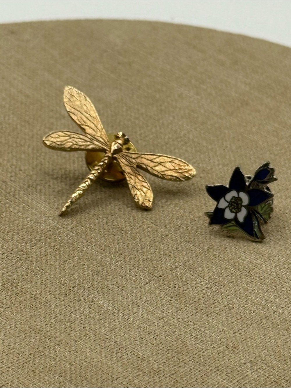 Gold Dragonfly Lapel Pin and Blue Enamel Flower Pin Set